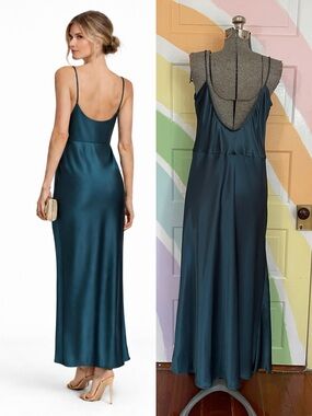 Vintage 90s Scott McClintock Teal Satin Slip Dress Bias Cut Maxi Dress Sz 14 💛🎀